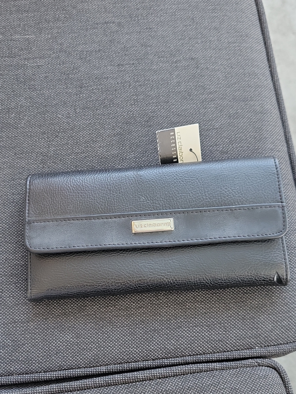 Liz Claiborne Black Leather Fold-Over Wallet with Logo Plaque